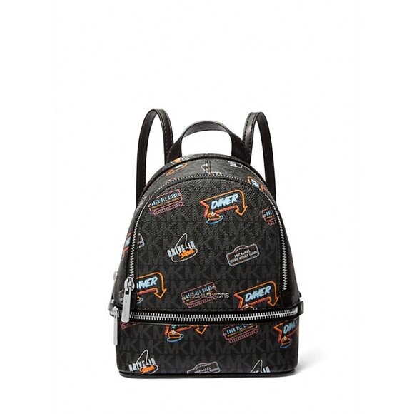 New Michael Kors Rhea Extra-Small Printed Signature Logo Backpack Black Multi